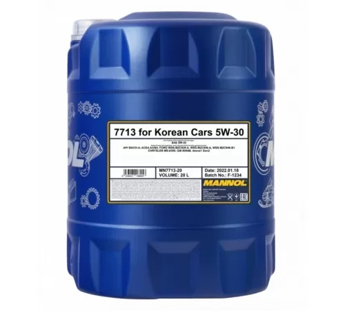 7713-020 масло мот.синт. For Korean Cars 5W-30 (20л) MANNOL; API SN/CH-4 ; ACEA A5/B5